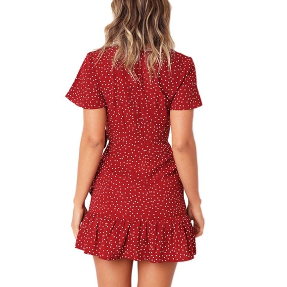 V-Neck Polka Dot Wrap Short Sleeve Mini Dress - Picture 2 of 7